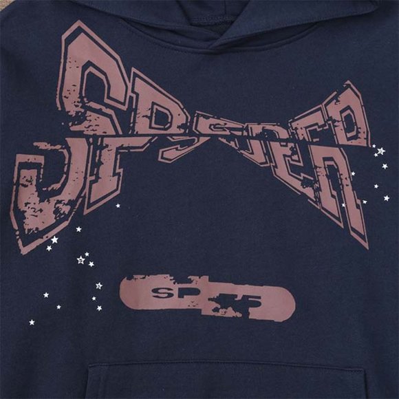 Sp5der Navy Blue & Brown Logo Pullover Hoodie Sweatshirt - Picture 11 of 13